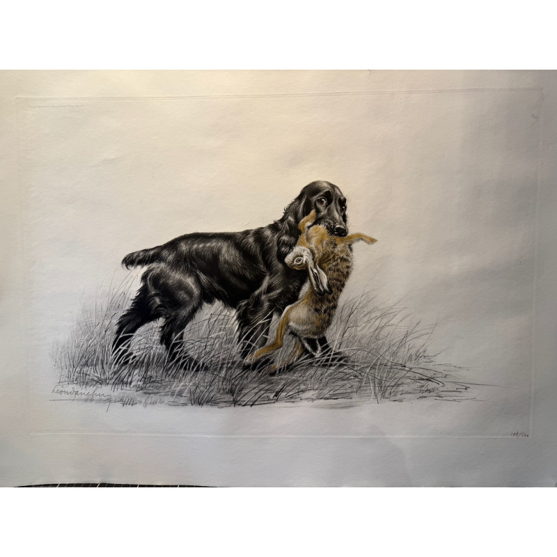 Aperçu du produit: Chien et lièvre, eau forte originale de Léon Danchin, 1932.