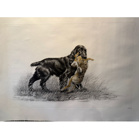 Chien et lièvre, eau forte originale de Léon Danchin, 1932.