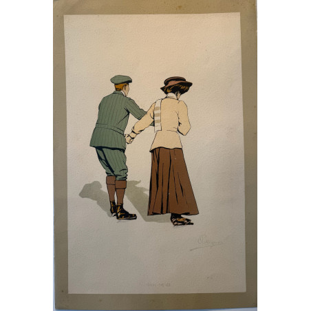 Trying the ice, Carlo Pellegrini, chromolithographie originale, 1900-1910.