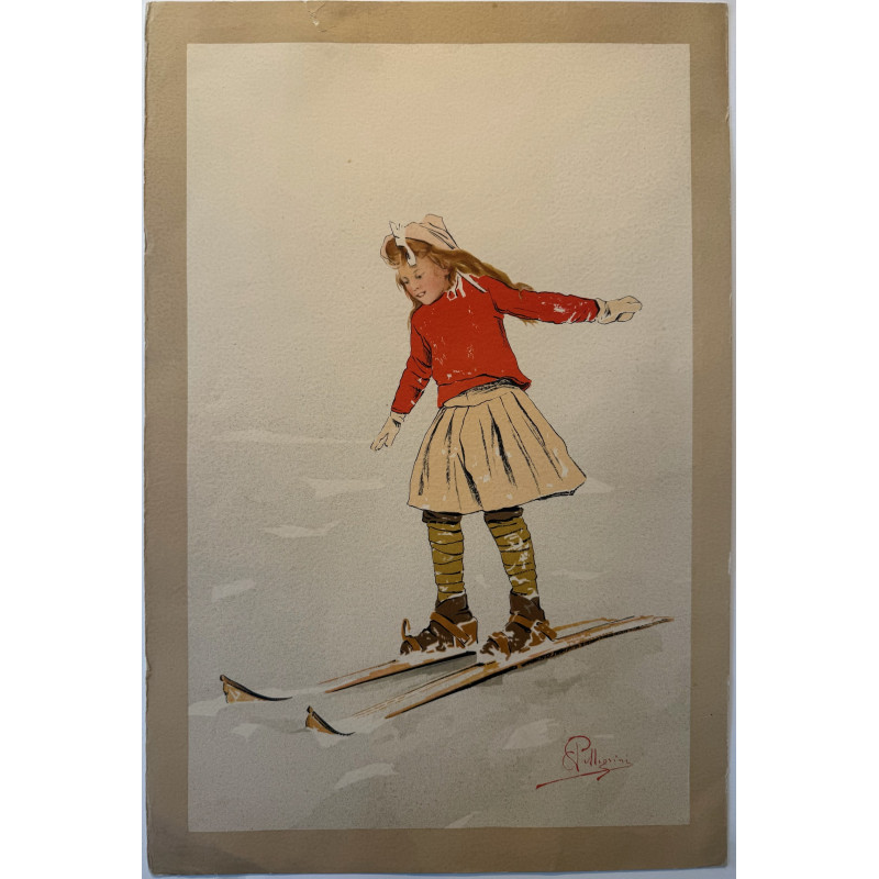 Aperçu du produit: Les premiers pas de ski, Carlo Pellegrini, chromolithographie originale, 1900-1910.