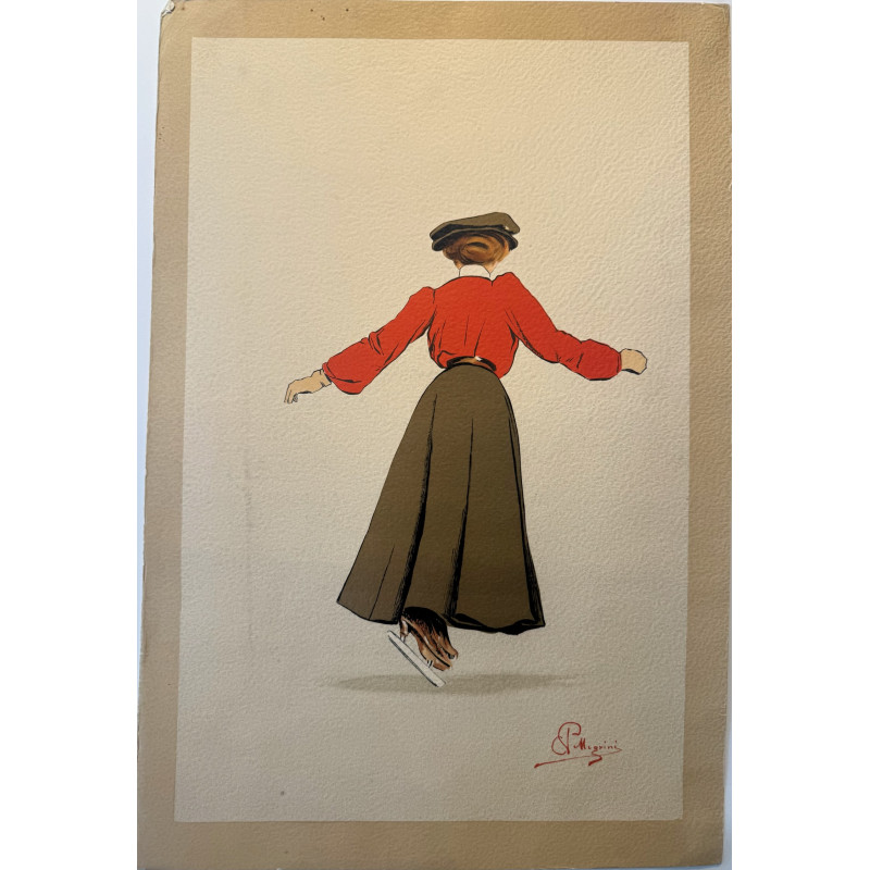 Aperçu du produit: La patineuse, Carlo Pellegrini, chromolithographie originale, 1900-1910.