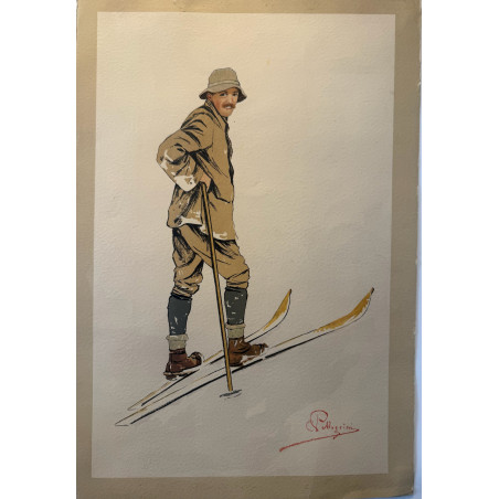 Le skieur, Carlo Pellegrini, chromolithographie originale, 1900-1910.
