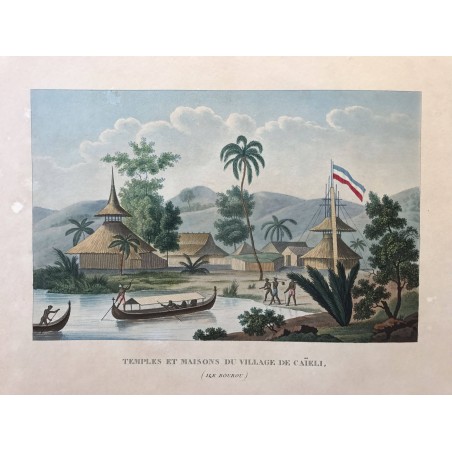 Voyage autour du monde, DUPERREY, 1826,Temple et maisons du village de Caïeli (ile bourou)