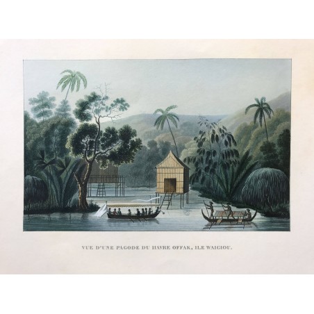 Voyage autour du monde, DUPERREY, 1826, Vue d' une pagode du havre Offak, ile Waigiou