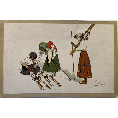 Putting on skis,Carlo Pellegrini, chromolithographie originale, 1900-1910.